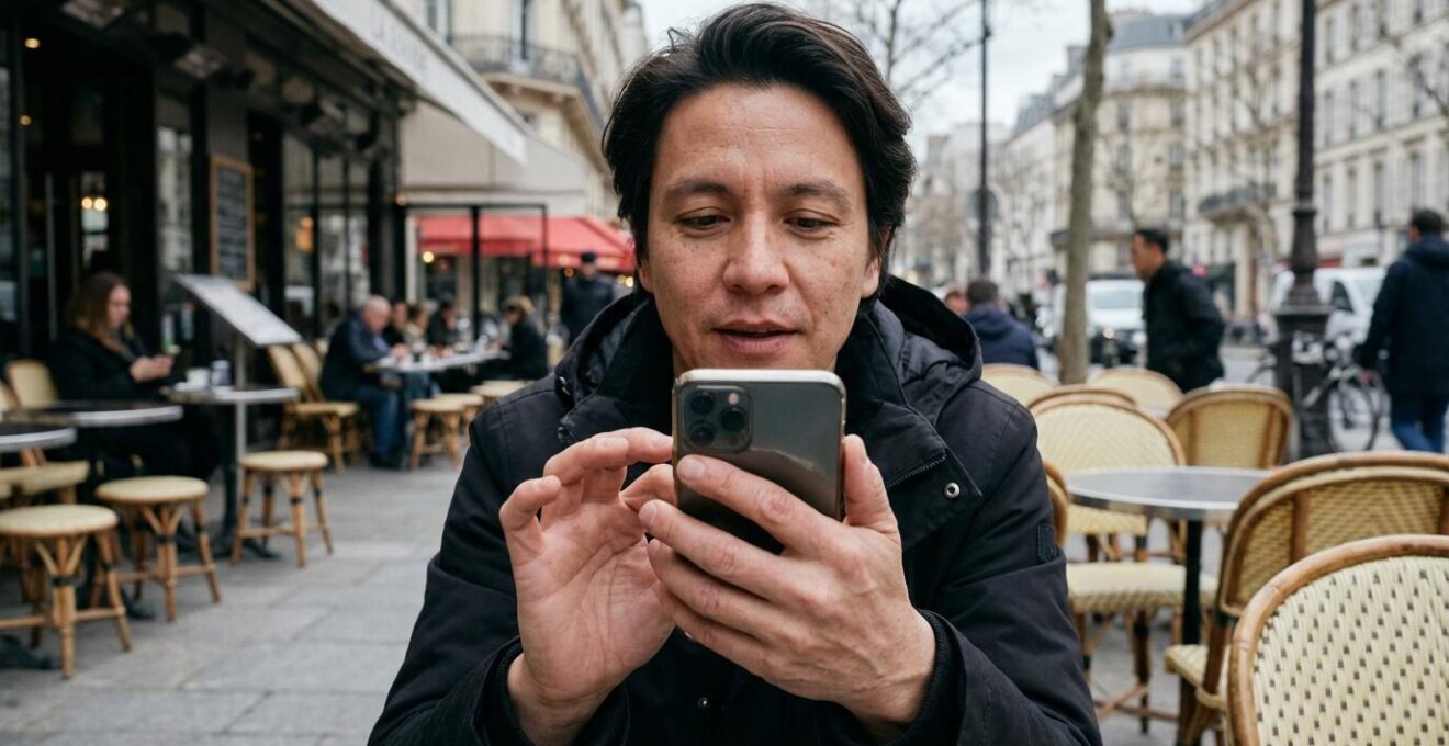 Personne consultant un smartphone avec expression d'attente (site mal optimisé)